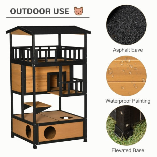 Wooden Outdoor Cat House – 3-Tier Waterproof Kitten Tree with Balcony, Escape Door & Jump Platforms | Feral & Stray Cat Shelter